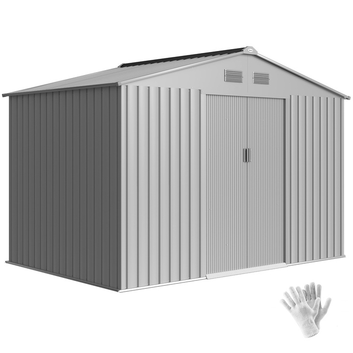 Sopron de gradina, gri, 277x195x192cm, otel galvanizat, usa culisanta, kit fundatie inclus