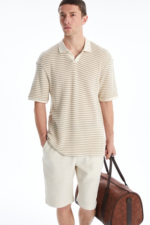 LC WAIKIKI, Tricou polo cu croiala lejera si dungi, Alb/Bej