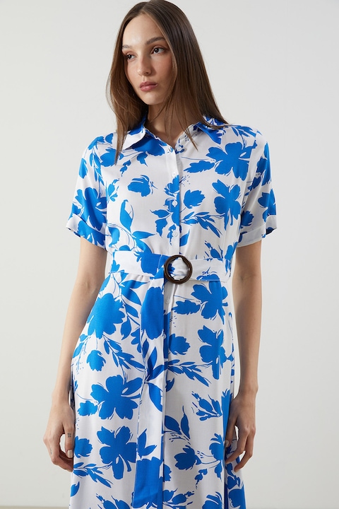 LC WAIKIKI, Rochie scurta cu imprimeu floral, Alb/Turcoaz
