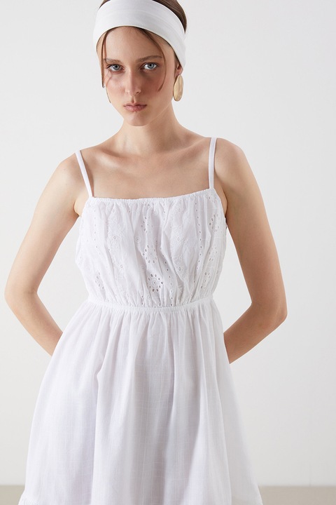LC WAIKIKI, Rochie scurta cu broderie si bretele ajustabile, Alb