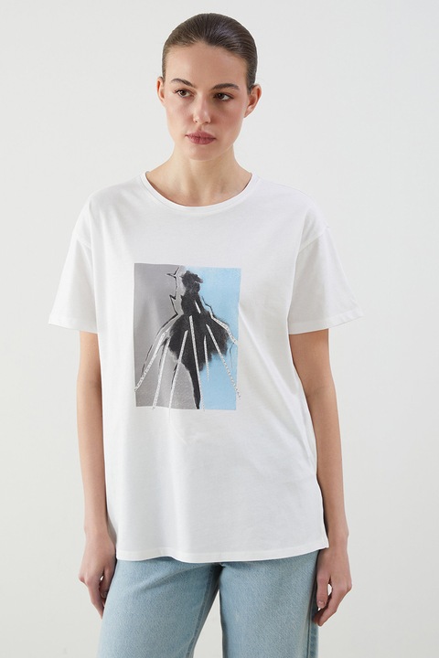 LC WAIKIKI, Tricou lejer din bumbac cu imprimeu grafic, Alb