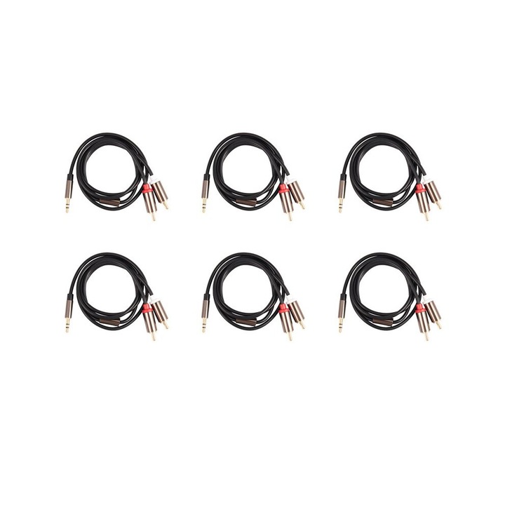 Set 6 bucati, Cablu audio 3.5mm la 2 RCA, conectori placati cu aur 24K, functie bidirectionala, negru, 6 x 1m