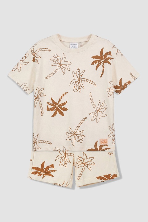 LC WAIKIKI, Set de tricou si pantaloni scurti cu imprimeu palmieri, Bej