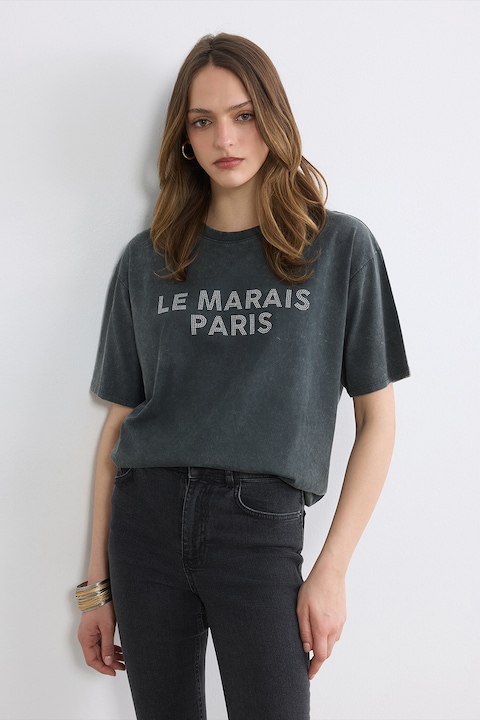 LC WAIKIKI, Tricou supradimensionat cu text cu strasuri, Alb/Gri carbune