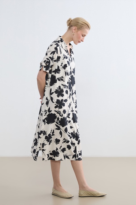 LC WAIKIKI, Rochie dreapta cu model floral, Alb fildes/Negru
