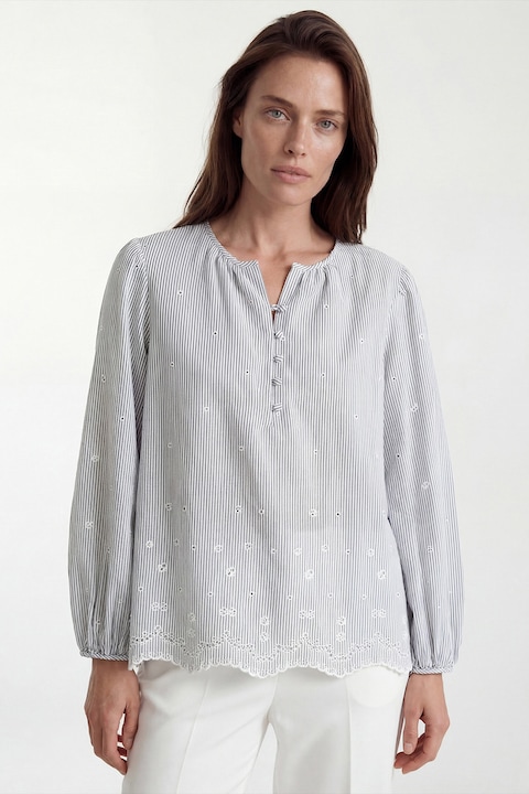 LC WAIKIKI, Bluza cu broderie florala si dungi, Alb/Albastru prafuit