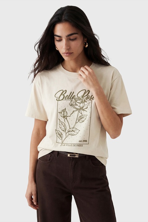 LC WAIKIKI, Tricou cu model grafic, Maro camel/Kaki inchis