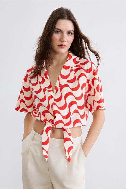 LC WAIKIKI, Camasa crop cu prindere cu cordon, Rosu vermillion/Alb murdar