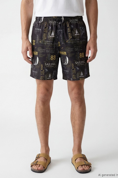 LC WAIKIKI, Pantaloni scurti de baie cu imprimeu nautic, Alb/Galben/Gri antracit
