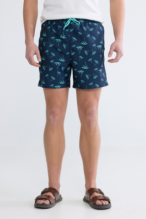 LC WAIKIKI, Pantaloni scurti de baie cu chiloti interiori de plasa si model, Turcoaz/Bleumarin