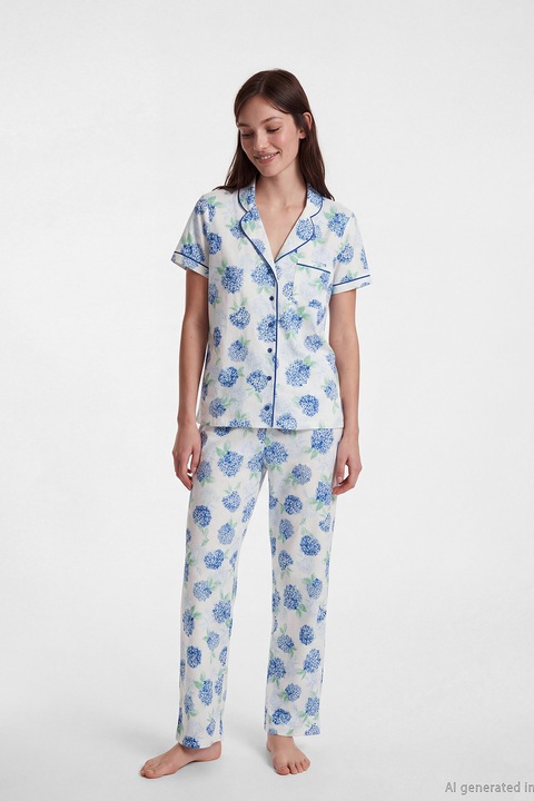 LC WAIKIKI, Set de camasa cu maneci scurte si model floral si pantaloni de pijama, Alb/Verde/Albastru