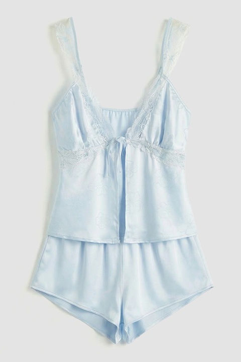 LC WAIKIKI, Pijama din satin cu insertii din dantela, Albastru deschis