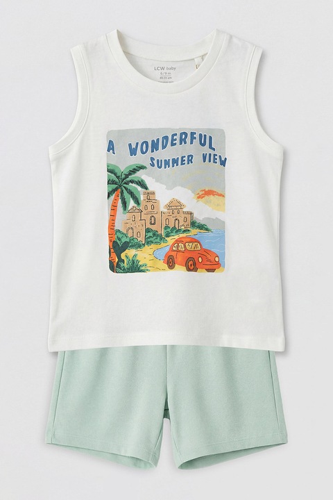 LC WAIKIKI, Set de pantaloni scurti si top de bumbac - 2 piese, Verde pal/Alb murdar