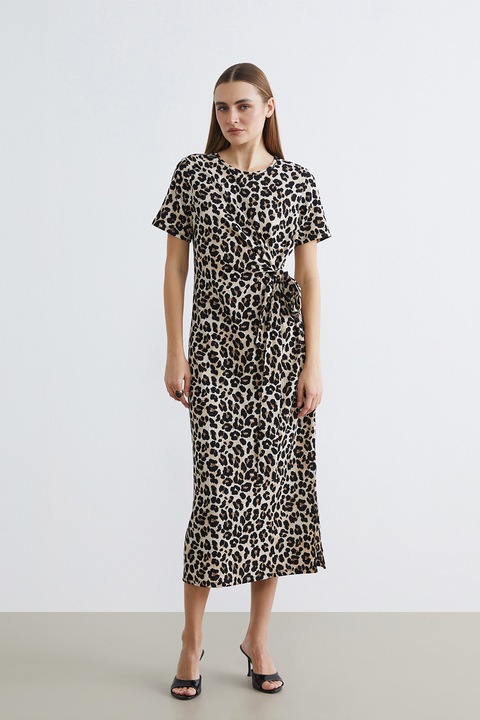LC WAIKIKI, Rochie midi cu prindere laterala si animal print, Maro/Bej deschis