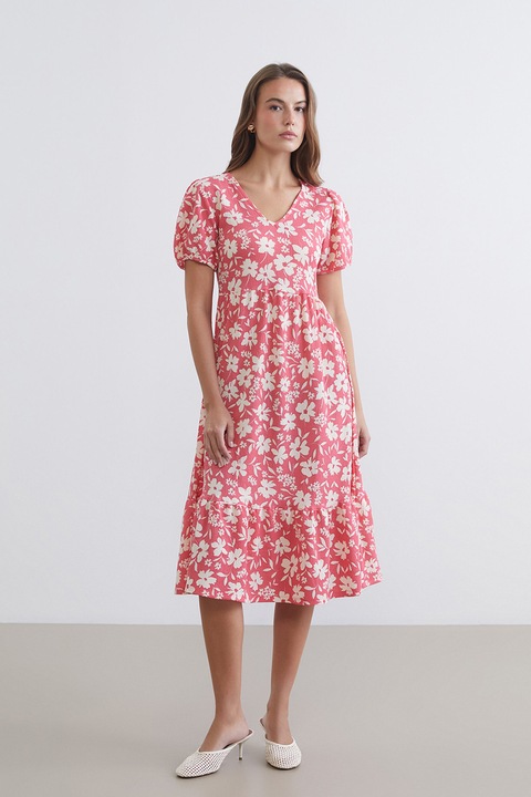 LC WAIKIKI, Rochie midi cu decolteu in V, Rosu/Crem