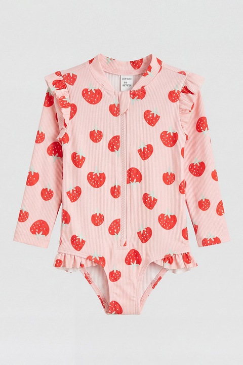 LC WAIKIKI, Costum de baie texturat cu maneci lungi, Rosu/Roz pal