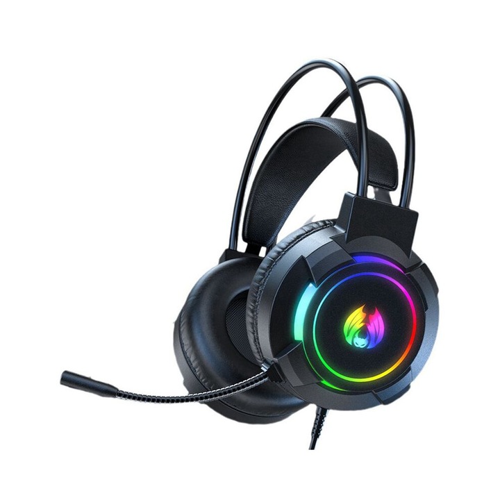 7.1 térhatású gamer fejhallgató, 360 fokos mikrofon, RGB világítás, fekete