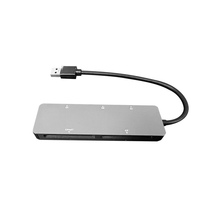 Cititor de carduri 5-in-1, docking station, USB 3.0, 11.5x3.5x1.2cm, gri argintiu