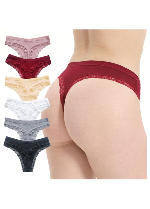 Set 6 perechi Chiloti Tanga din bumbac pentru femei, Simply Joy, Lenjerie sexy din dantela elastica si respirabila, Talie joasa, Fara cusaturi, Multicolor