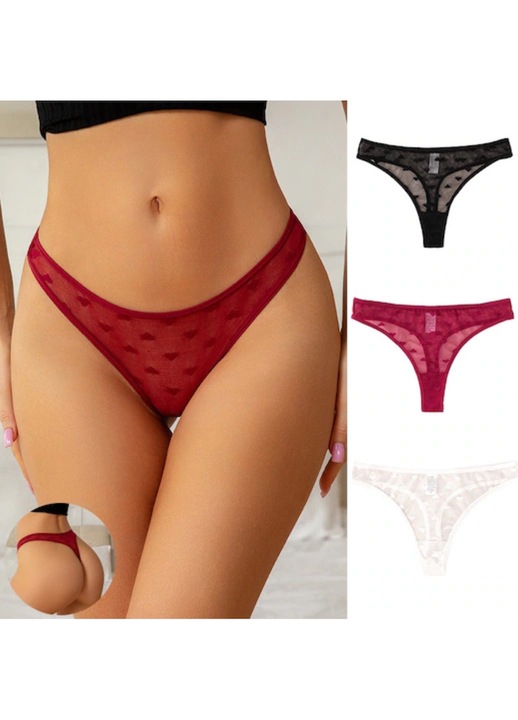 Set 3 perechi Chiloti tanga pentru femei, Simply Joy, Chiloti sexy din dantela transparenta pentru dama, Lenjerie de corp cu talie joasa, Negru | Rosu