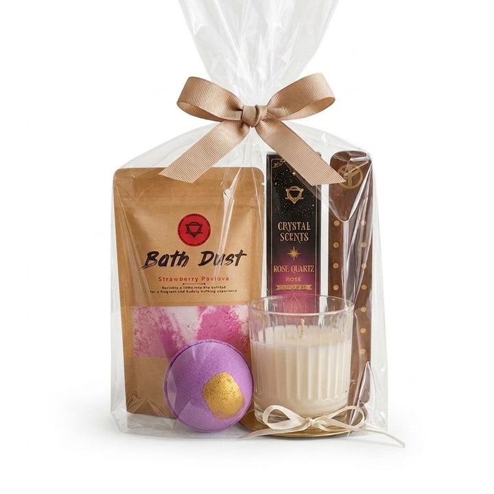 Pachet Cadou Ritual SPA ROMANTIC Fructat, cu lumanare parfumata handmade din ceara naturala de soia, produse de baie cu uleiuri esentiale, betisoare parfumate naturale cu cristale de CUART ROZ- Set 5 produse in ambalaj de cadou