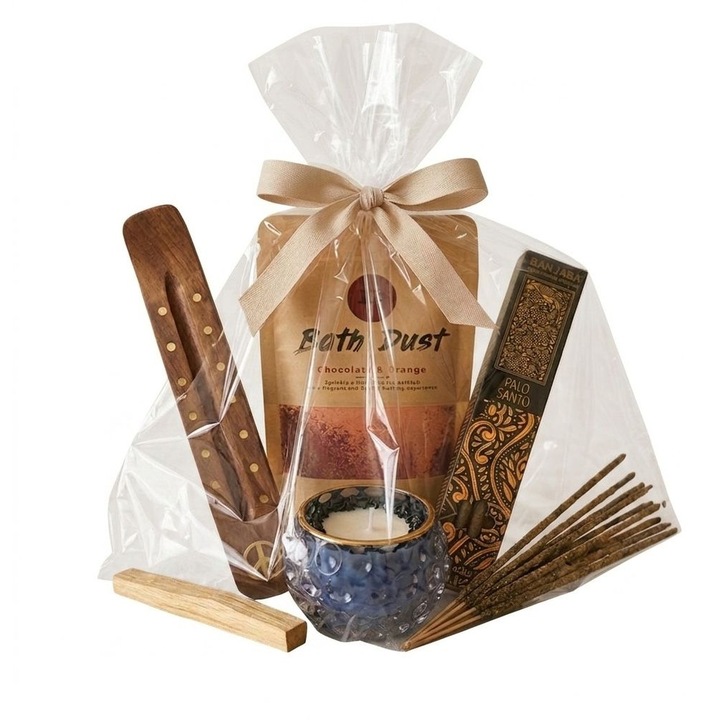 Pachet Cadou Ritual SPA ECHILIBRU INTERIOR, cu lumanare parfumata handmade din ceara naturala de soia si cristale semi-pretioase de OBSIDIAN, produse de baie cu uleiuri esentiale, betisoare parfumate naturale- Set 5 produse in ambalaj de cadou