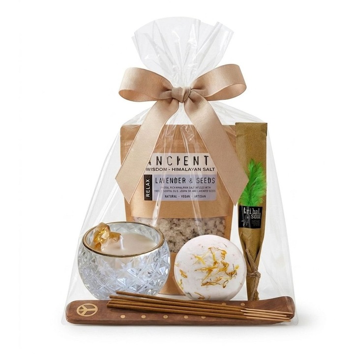Pachet Cadou Ritual SPA Energie si Vitalitate, cu lumanare parfumata handmade din ceara naturala de soia si cristale semi-pretioase de CITRIN, produse de baie din sare Hymalaia, betisoare parfumate naturale- Set 5 produse in ambalaj de cadou
