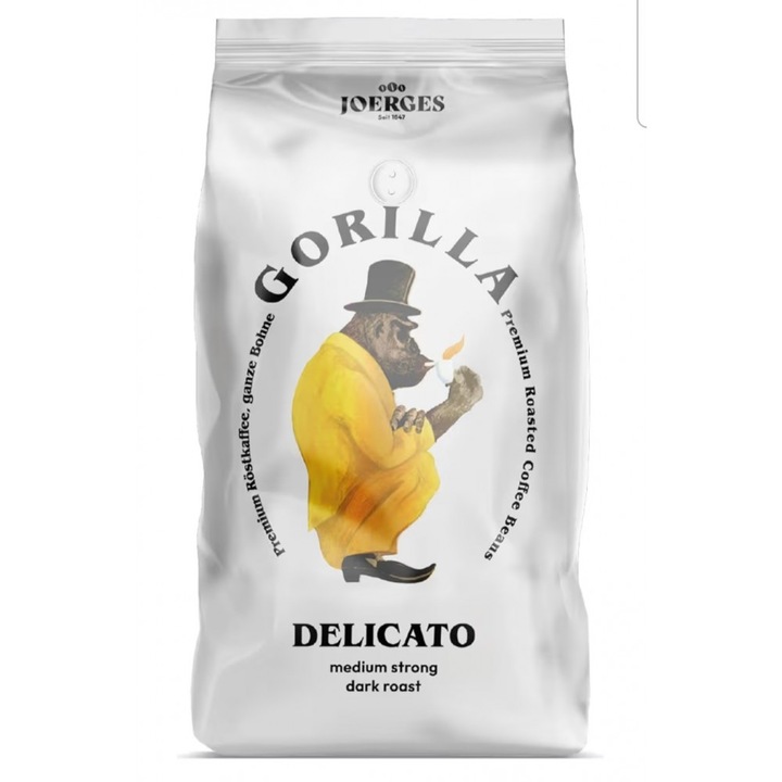 Joerges Gorilla Espresso Delicato szemes kávé, 1 kg, közepes pörkölésű, finom és kiegyensúlyozott aroma, eszpresszóhoz és kávé alapú italokhoz
