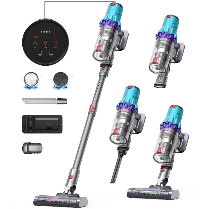 Aspirator inteligent vertical fara fir Emporify®, 55KPa, motor brushless 600W, autonomie 60 min, ecran LED tactil, filtrare 7 straturi, perie anti-incalcire, recipient lavabil
