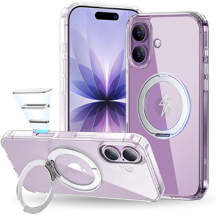Husa iPhone 17-hez 360°-ban robusztus állvánnyal Magsafe-hez, MOGU, Beépített exponálógomb a kamera vezérléséhez, Vezeték nélküli töltés, Sárgulásgátló, Katonai minőségű tanúsított védelem, Ütésálló, Átlátszó