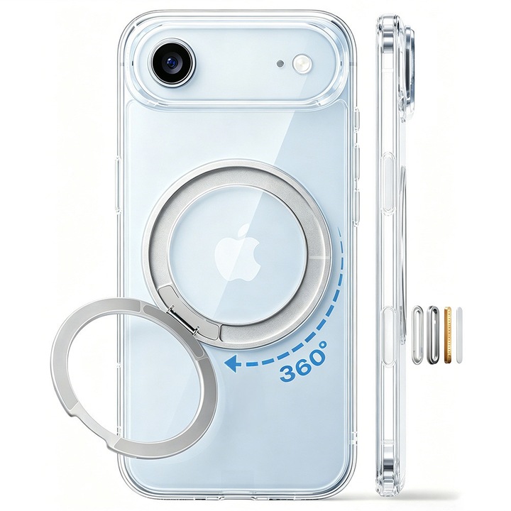 Husa iPhone 17 Air készülékhez 360°-ban robusztus Magsafe tartóval, MOGU, beépített exponálógomb a kamera vezérléséhez, vezeték nélküli töltés, sárgulásgátló, katonai minőségű tanúsított védelem, ütésálló, átlátszó