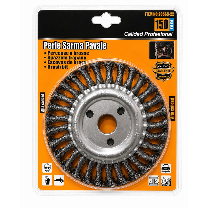 Perie sarma tip roata pentru pavaje, Ideala pentru Curatare rosturi si buruieni, Compatibila polizor unghiular, Otel rasucit, Rezistenta, 150mm, Argintiu