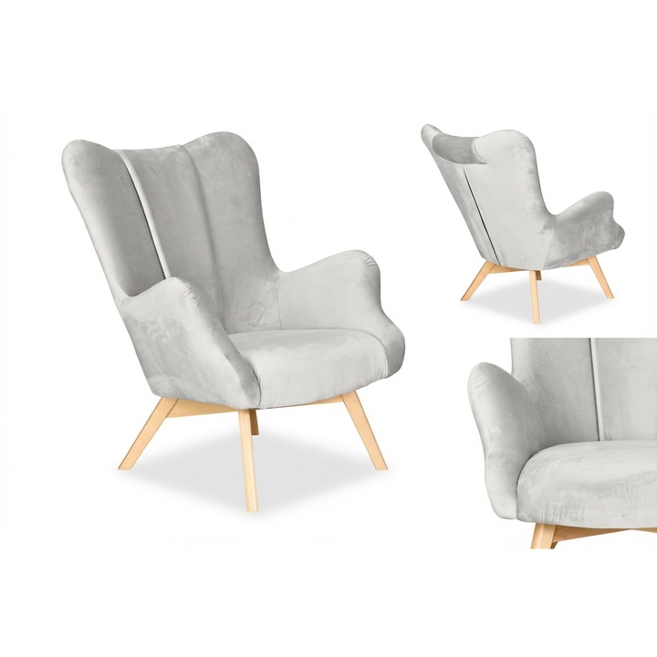 Skandináv magas háttámlás fotel, szürke színű, nappaliba, velúrból, Vika Family Meble