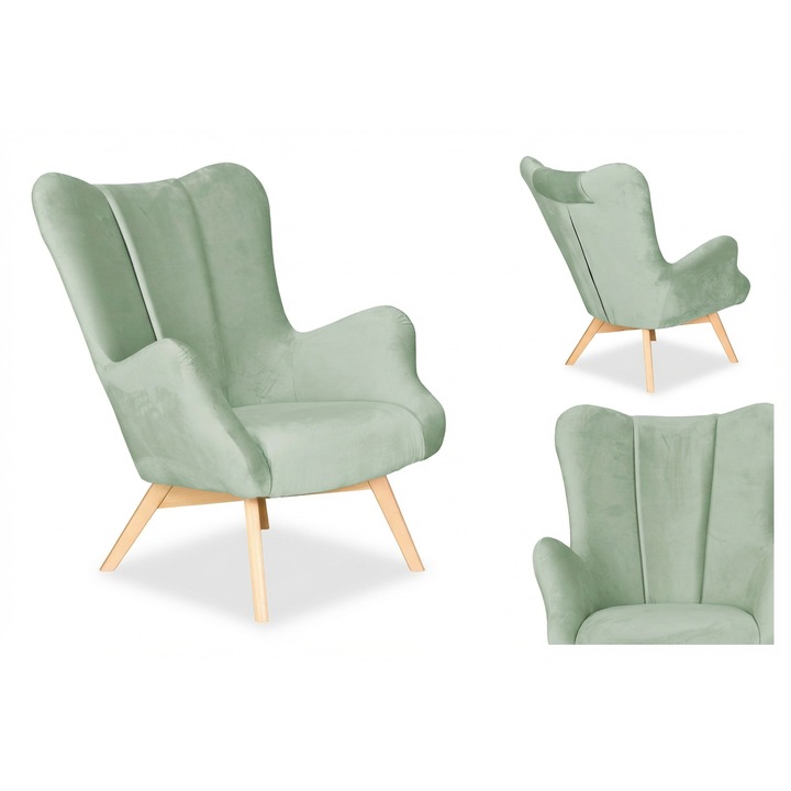 Skandináv magas háttámlás fotel, menta színű, nappaliba, velúrból, Vika Family Meble