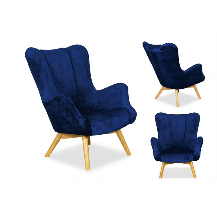 Skandináv magas háttámlás fotel, kék, nappaliba, velúr, Vika Family Meble