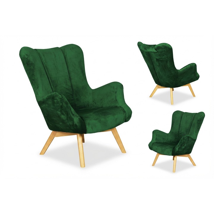 Skandináv fotel magas háttámlával, zöld, nappaliba, velúr, Vika Family Meble