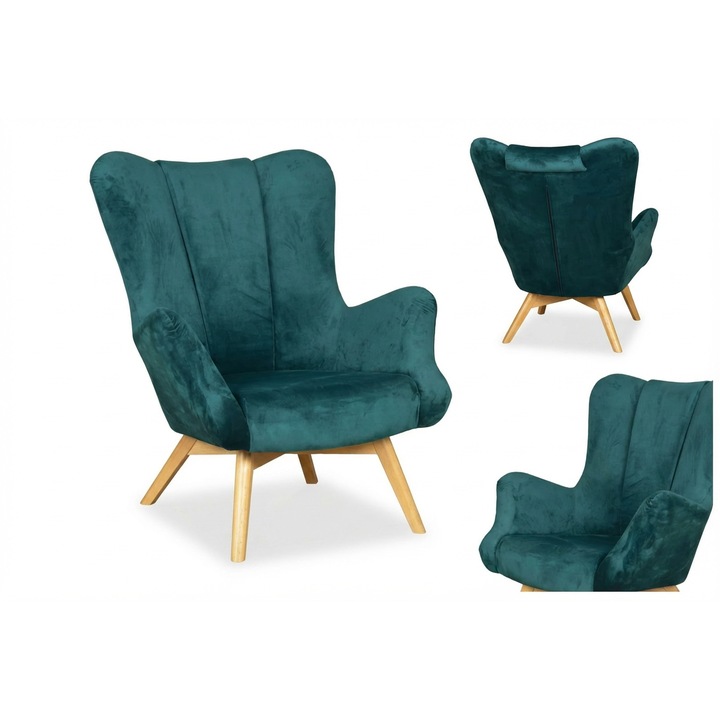 Skandináv fotel magas háttámlával, türkiz, nappaliba, velúr, Vika Family Meble