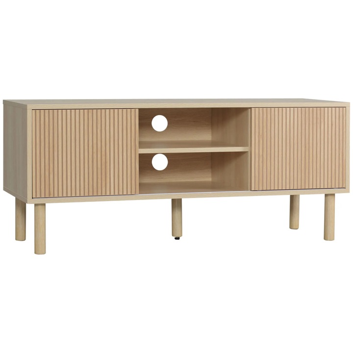 TV szekrény, TV asztal, Tolóajtók, Nyitott polcok, Kábelnyílások, Akár 127 cm-es TV-hez, Fa, Natúr szín