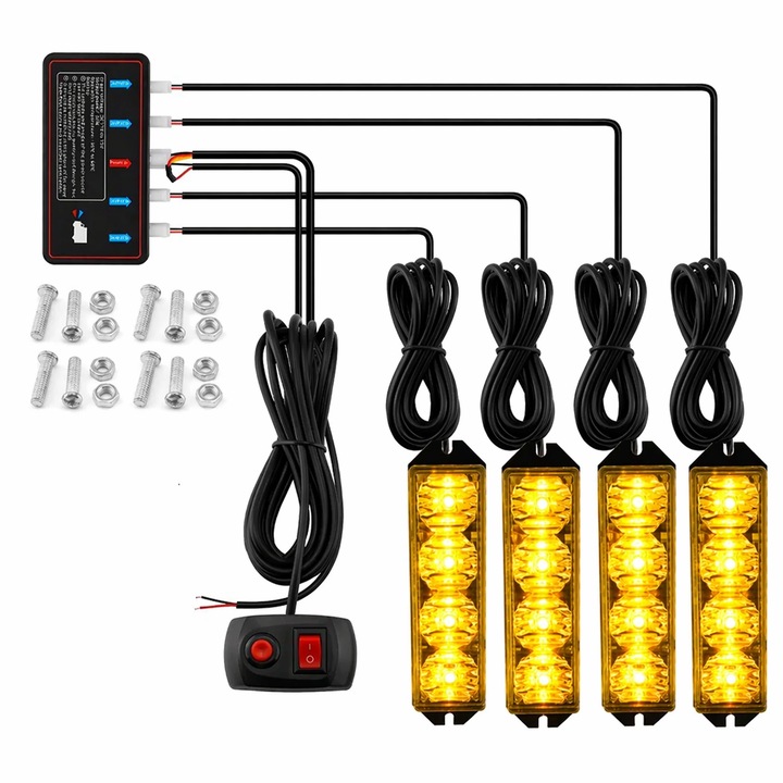 Set 4 lampi stroboscop auto LED, Zola, 12V, 30W, portocaliu, 10 moduri, telecomanda, cablu 190 cm, 10 x 2.1 x 2.8 cm