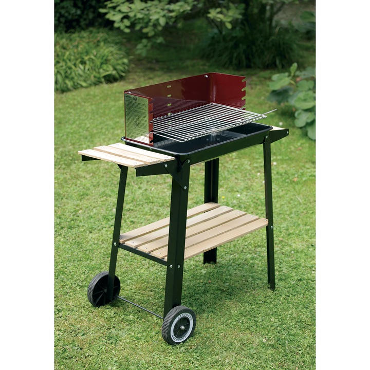 Барбекю на въглища Landmann Wagon Grill Chef 0566, повърхност за готвене 47x24 см, допълнителна дръжка, защита от вятър на горелката, 80x40 см, височина 80 см, стомана/дърво