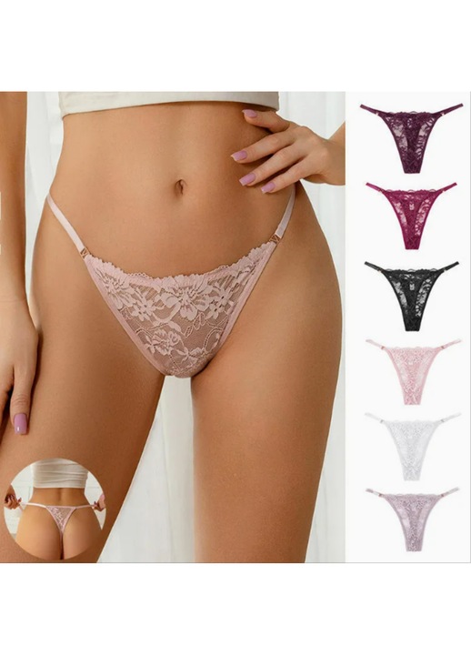 Set 6 perechi chiloti tanga pentru femei, Simply Joy, Chiloti sexy din dantela florala transparenta pentru dama, Lenjerie de corp cu talie joasa, Multicolor | Roz