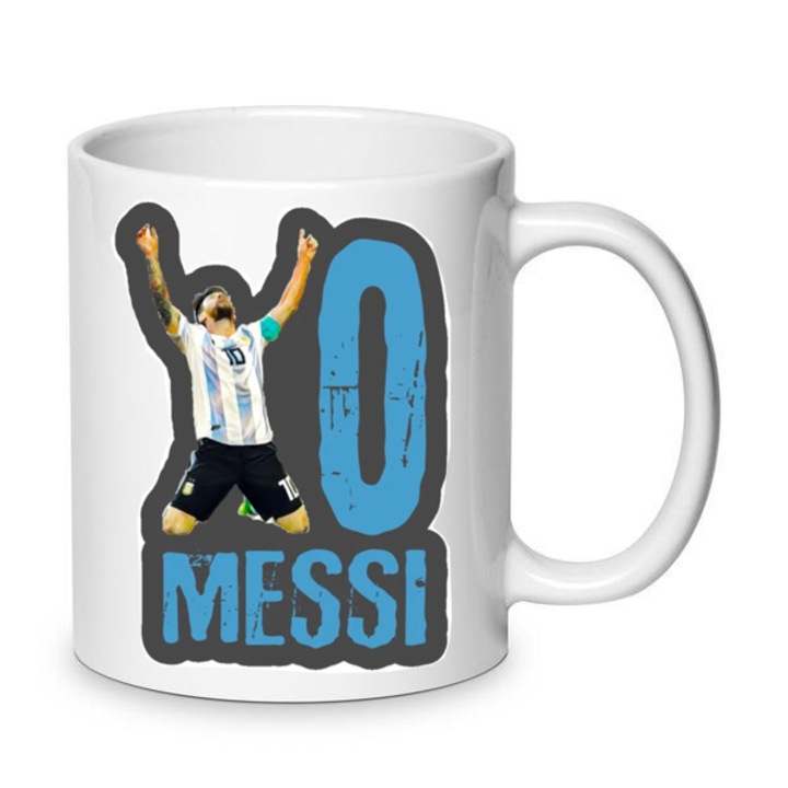 Cana ceramica alba World Champion Lionel Messi, 330ml, design sublimat, rezistenta la masina de spalat, set pentru fani si colectionari