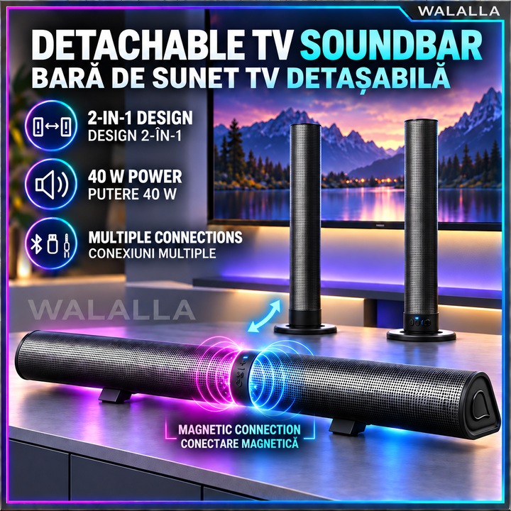 Bara de sunet TV, Bare de sunet pentru Smart TV, Sistem audio surround 74, 5 cm 40W pentru TV, Soundbar TV detasabila Bluetooth cu conexiune optica/AUX/USB, Boxe TV Soundbar pentru acasa, WALALLA
