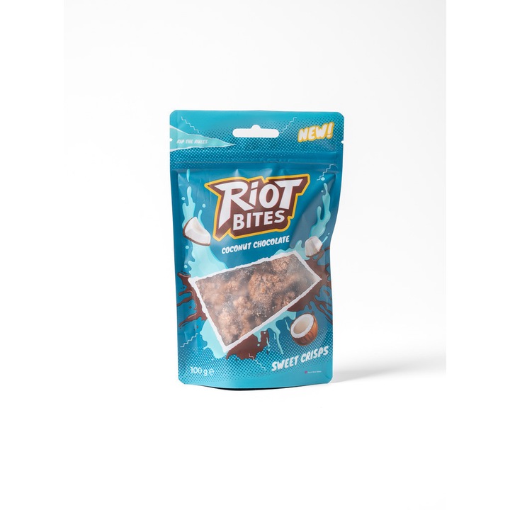 RIOT Bites Crisps csokoládé kókusszal 100g, étcsokoládé, ropogós