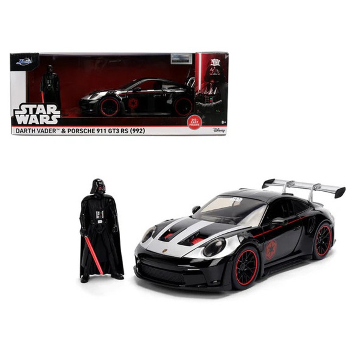 Porsche 911 GT3 RS 992 Makett és Darth Vader figura, 1/24, fém, műanyag