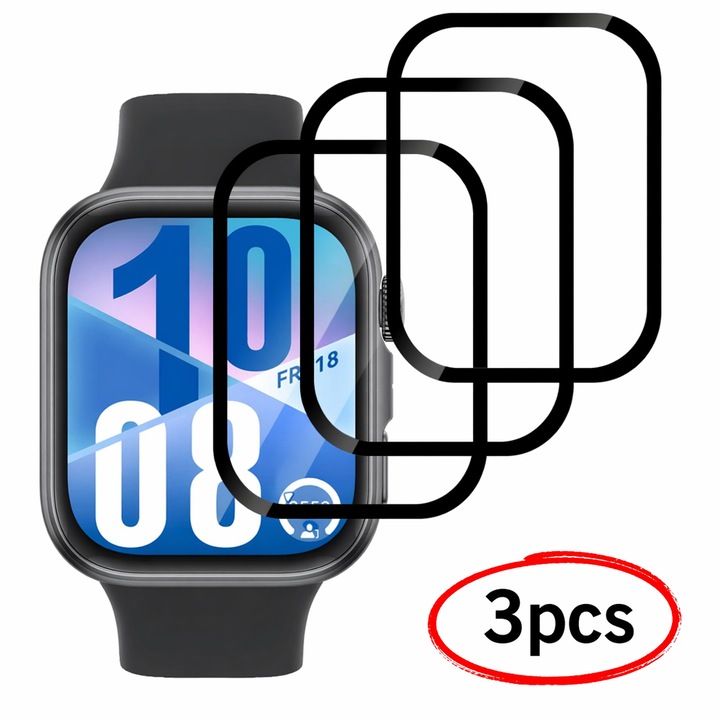 Set 3 protectie ecran smartwatch, Pentru cu Huawei Watch Fit 4, FunShop, 3 bucati, Rezistenta la zgarieturi, Transparenta 99.9%, Transparenta/Negru