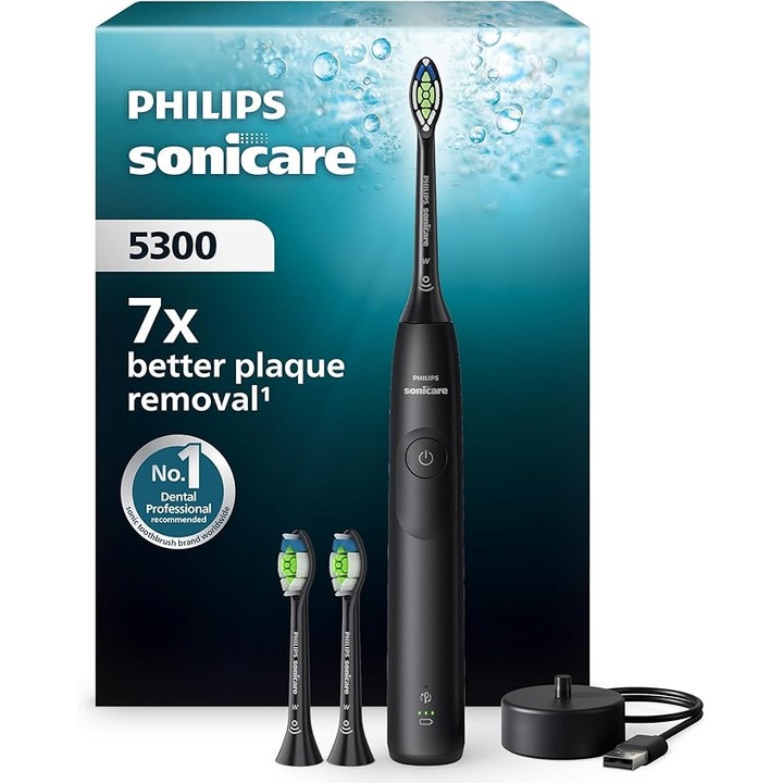 Periuță de dinți electrică Philips Sonicare HX7101/04, 62000 mișcări/minut, 2 intensități, negru, set cu 3 capete de periere
