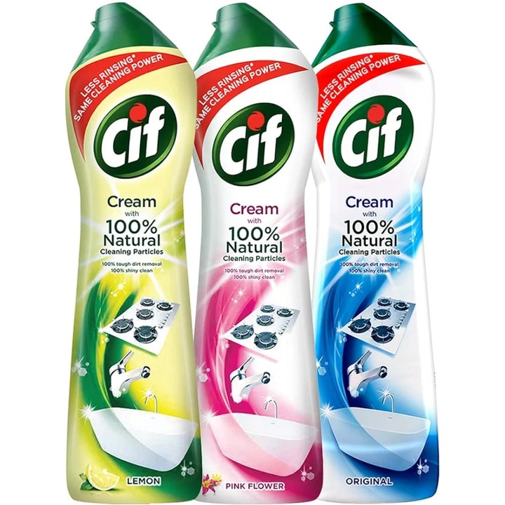 Pachet Cif, soluție universală crema cu micro-cristale, 3 x 500ml, lemon, pink, curățare eficientă