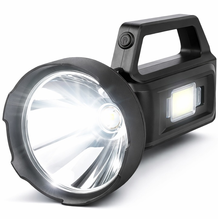 Професионален LED Фенер SL-75, Linomag, Висока Мощност, Странична COB Светлина, Слънчево & USB Зареждане, Функция Powerbank, Водоустойчивост IP65, 20cmX9cm, Черен