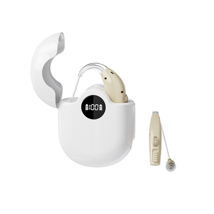 Fül mögötti hallókészülék, Aiorber SonicHear Elite, 117 dB erősítés, teljes tartozékkészlet, Világos bézs